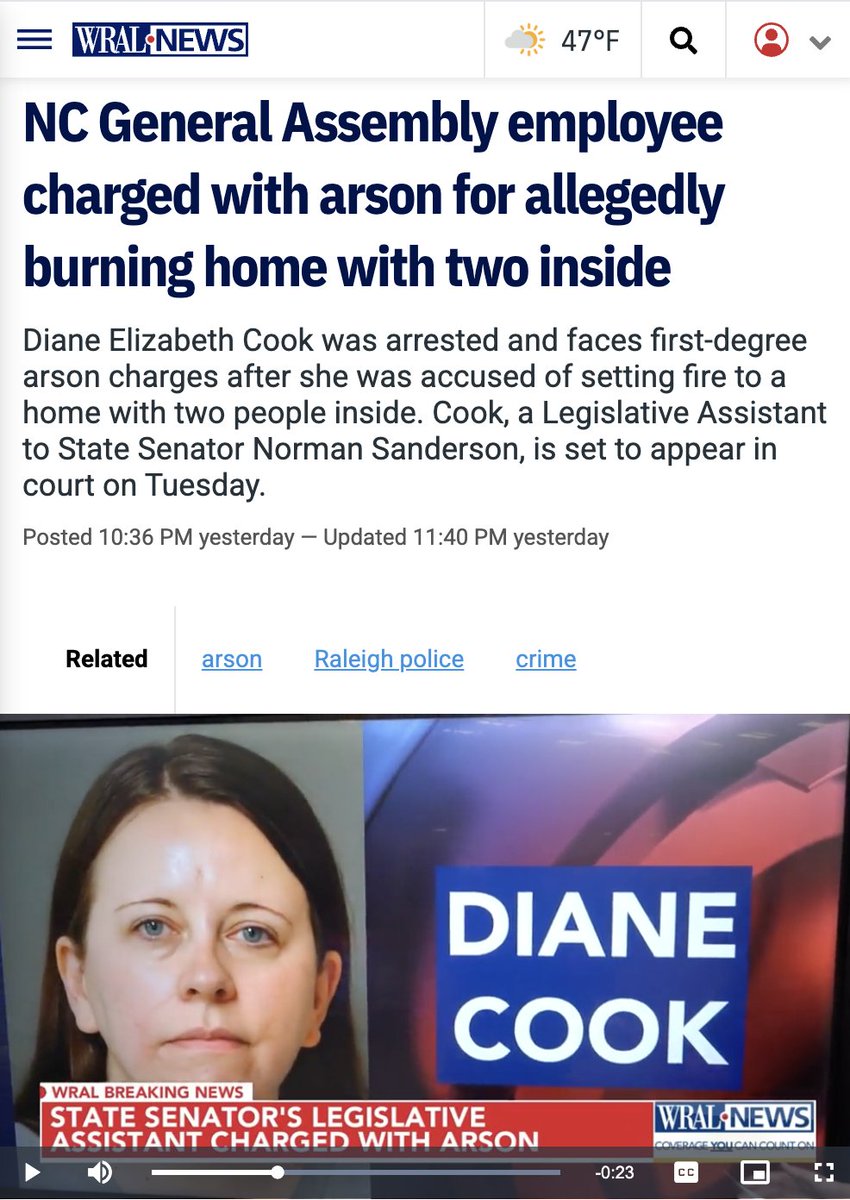 ForwardCarolina's tweet image. Each part of this story gets progressively crazier.

The Legislative Assistant to Republican State Senator Norm Sanderson (representing Carteret,  Chowan,  Halifax,  Hyde,  Martin,  Pamlico,  Warren,  Washington counties) was arrested in Raleigh for apparently trying to burn down…