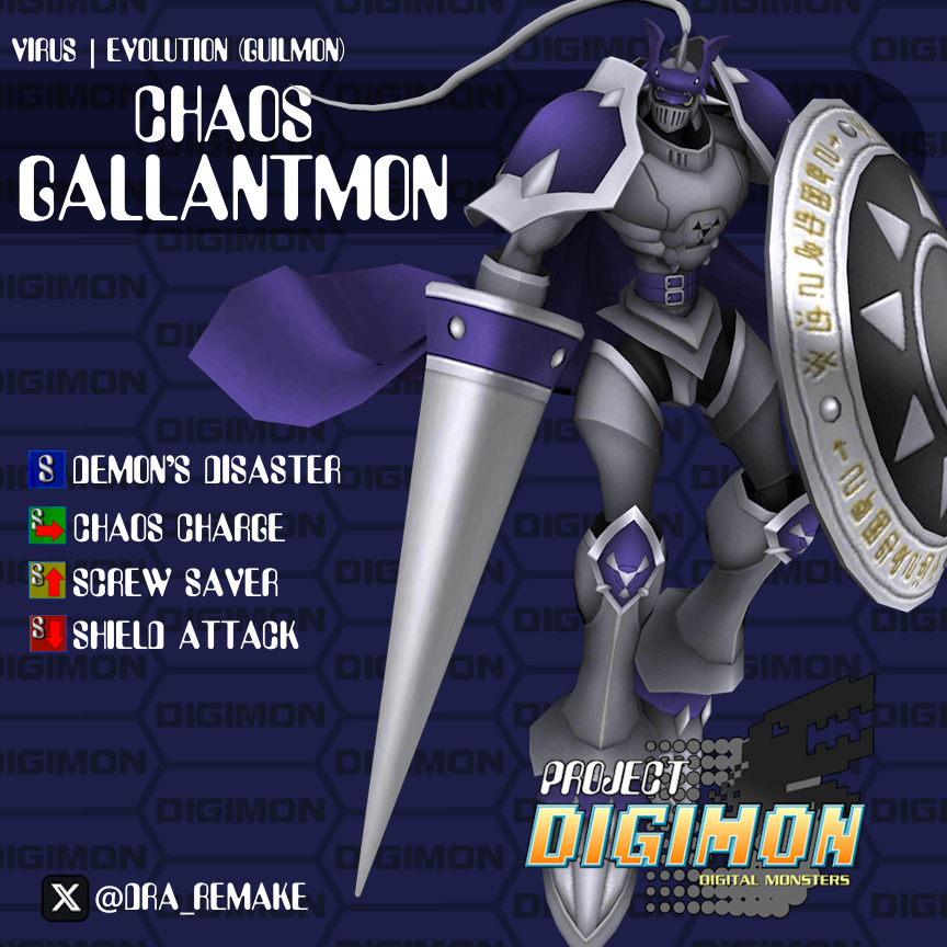 DRA_Remake's tweet image. A special password character, Chaosgallantmon is a deadly alternate that boosts its capabilities from their counterpart, adding more accuracy, freezing projectiles, and a super armored explosion into the mix. When unlocked, he is selectable when selecting skins.

#projectdigimon
