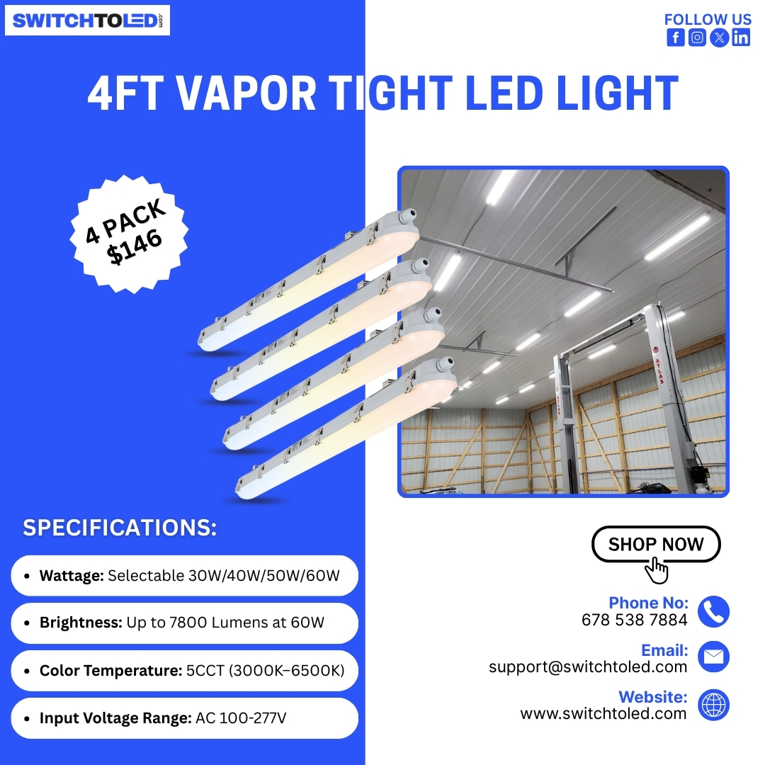 switchto_led's tweet image. 4FT Vapor Tight LED Light – 4 Pack for Only $146!

Caption:
Bright • Durable • Energy Efficient
Up to 7800 lumens, 5CCT, and 4 wattage options.
Perfect for garages, workshops &amp;amp; commercial spaces.
Hashtags:
#VaporTight #CommercialLighting #ShopLights #IndustrialLED #SwitchToLED