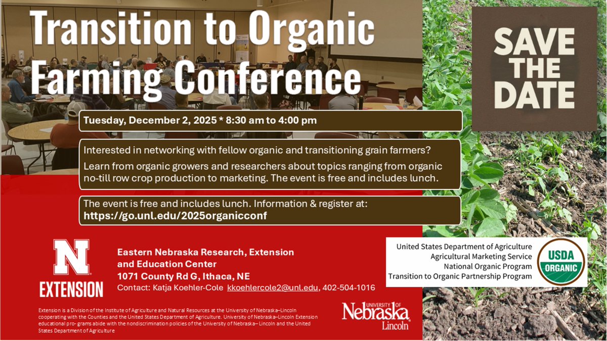 NebENREEC's tweet photo. The Dec. 2 Transition to Organic Farming Conference is a week away! For those thinking about transitioning to organic farming &amp; those that are newly certified organic farmers. Learn about the certification process, crop mgmt, marketing &amp; panel discussion. https://t.co/6XRyKbAzav. https://t.co/edKt5o1a3g