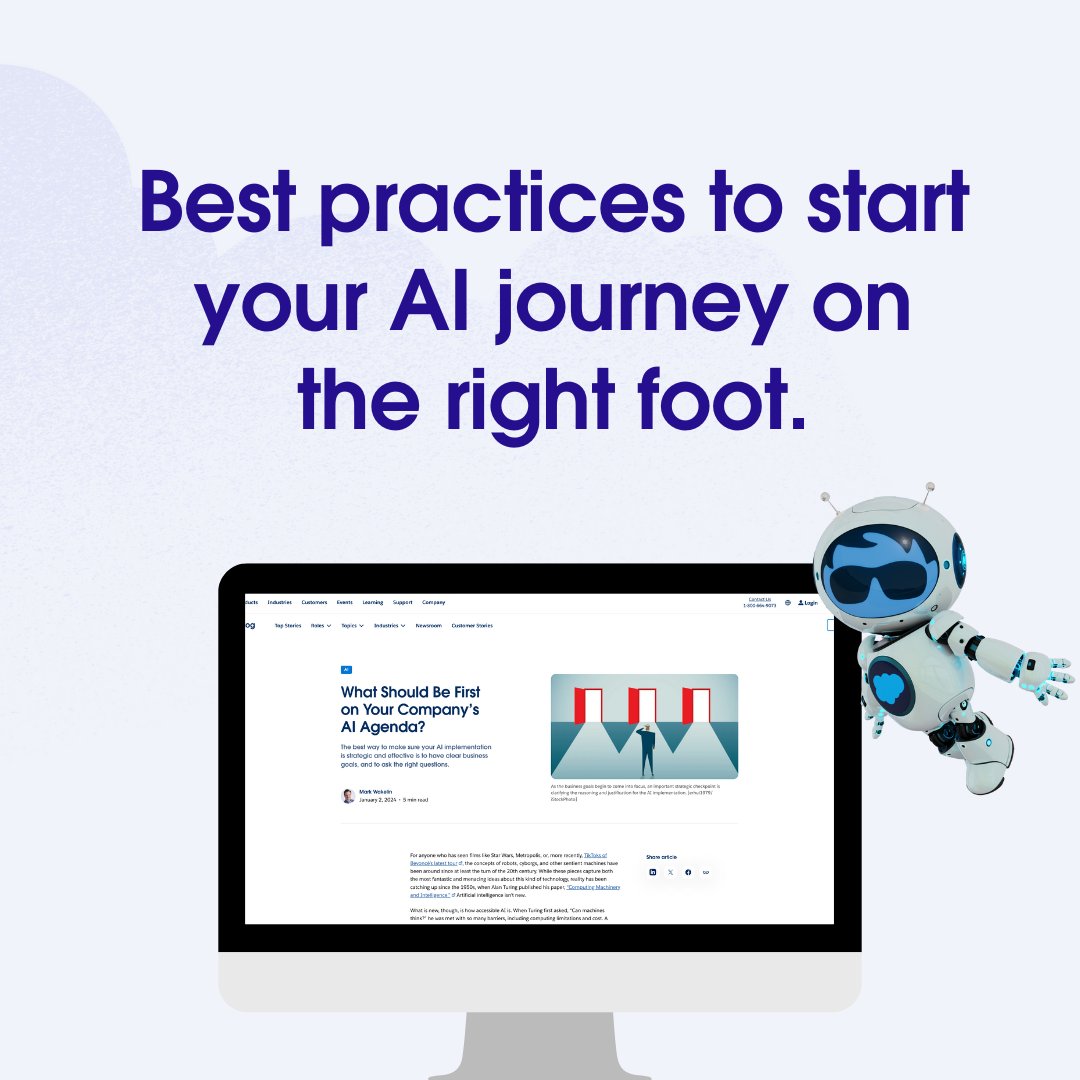asksalesforce's tweet image. Starting your AI journey without a clear destination can be overwhelming. The best AI implementations begin with clear business goals. 

Discover the three main categories that should shape your AI roadmap.

Read the blog: sforce.co/44tbWRM