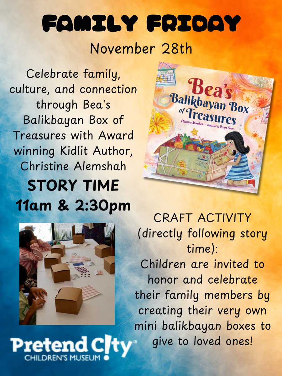 C_Alemshah's tweet image. ✨Save the date!✨ I’ll be at @pretendcity on 11/28 for a special Family Friday storytime featuring Bea’s Balikbayan Box of Treasures! And after — kids can craft their very own mini balikbayan box of treasure for loved ones!

11am &amp;amp; 2:30pm • Irvine, CA
#Storytime #BooksForKids