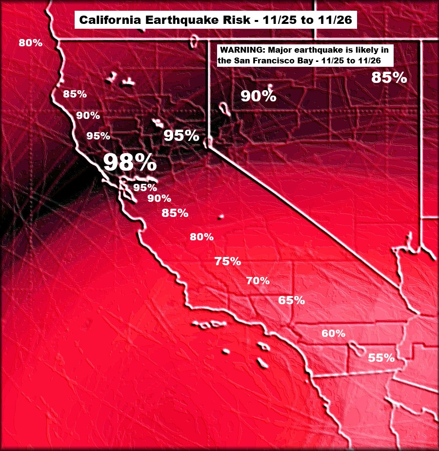 Quakeprediction's tweet image. URGENT WARNING: A very strong earthquake is highly likely in the San Francisco Bay Area from November 25 to November 26, 2025. Take immediate preparedness actions.