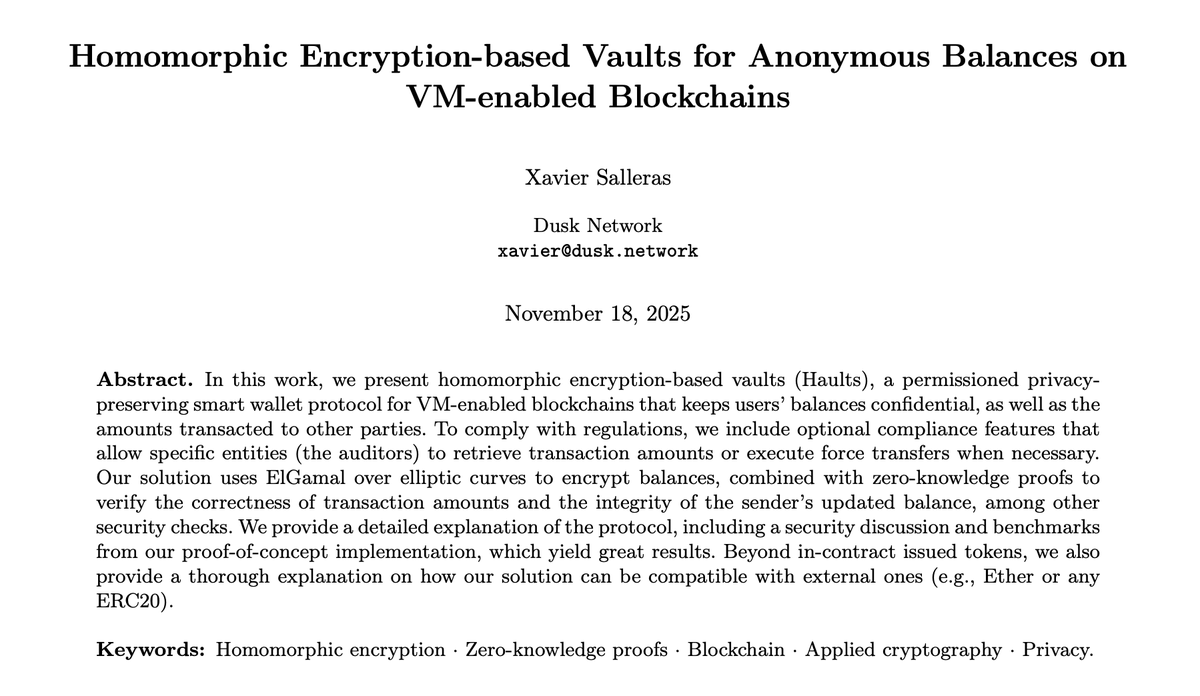 xevisalle's tweet photo. I'm happy to share that my recent work "Homomorphic Encryption-based Vaults for Anonymous Balances on VM-enabled Blockchains" is now available on arXiv:

https://t.co/QtiWEqCLh1 https://t.co/nUnrJr1Me8