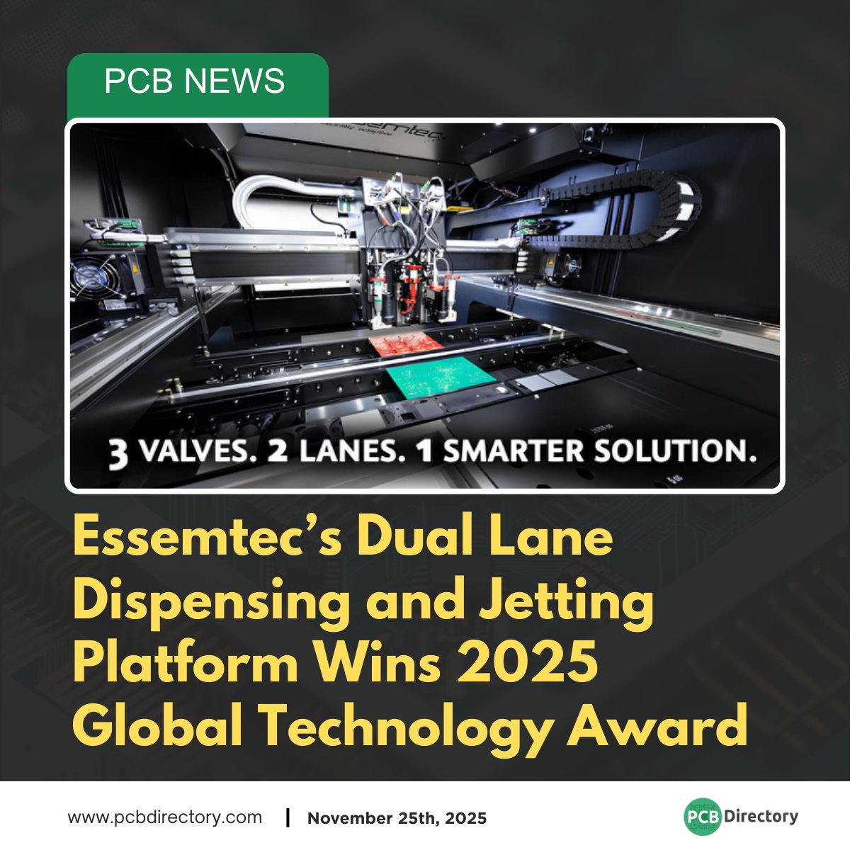 PCB_Directory's tweet image. Essemtec’s Tarantula Dual Lane platform has won the 2025 Global Technology Award at productronica.

Read more: ow.ly/2rlE50XxlaQ

#printedcircuit #news #industry #Essemtec #SMT #productronica #manufacturing #electronics #automation