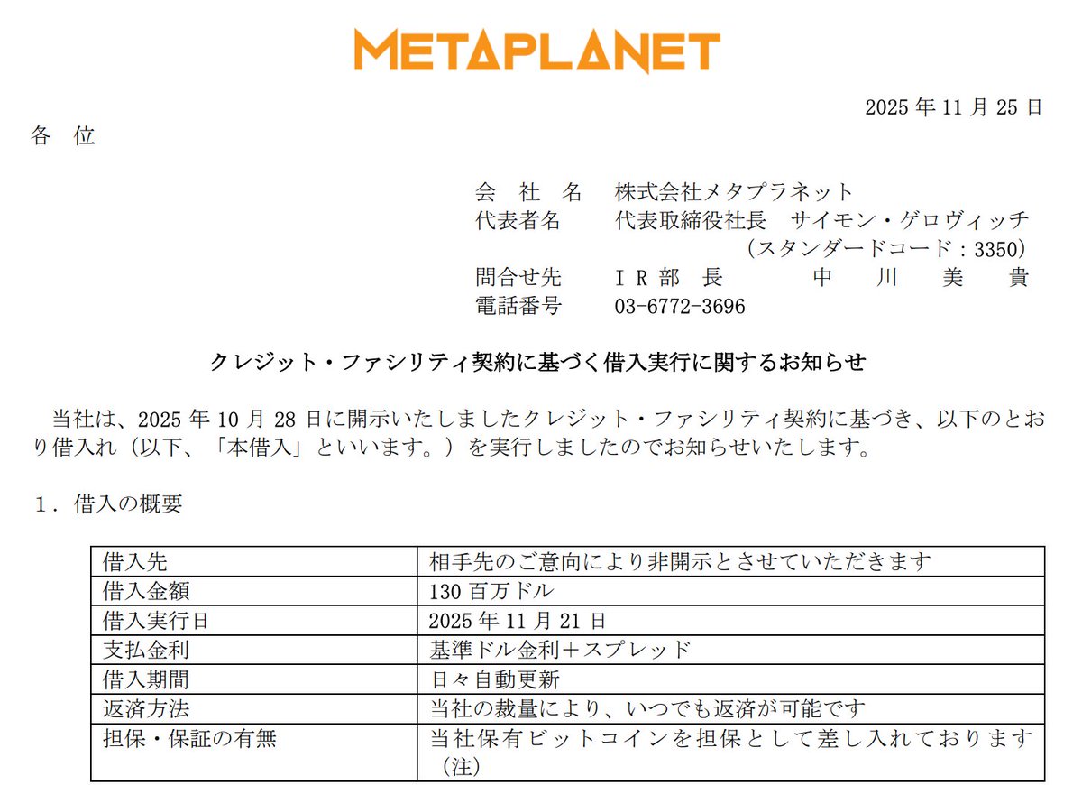 _FORAB's tweet image. 微策略们的新子弹来了，抵押 BTC！

继本月初之后，日本微策略 Metaplanet，再次将所持有的部分 BTC 作为担保，从而获得新的现金信贷额度。

算上本次的贷款金额，已累计借出 2.3 亿美元，用于后续再去市场上买入 BTC。

抵押 BTC、获得现金、再去买入 BTC。
微策略们的下一个轮子，开始转动。