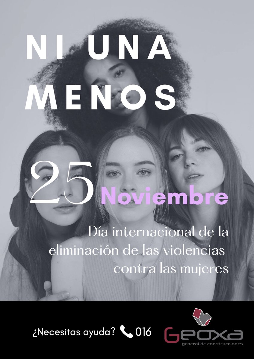 25N · Día Internacional de la Eliminación de las Violencias contra las Mujeres

Un recordatorio de que la implicación de toda la sociedad es imprescindible para construir entornos seguros y libres de violencia.
📞 016

#25N #NiUnaMenos #Geoxa