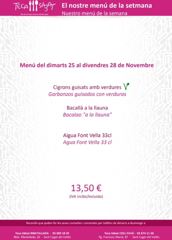 🚨🚨Ja tenim el nostre menú setmanal!   

Ja pots consultar el nostre menú setmanal i els plats que trobaràs a les nostres botigues:     
👉 Cigrons guisats amb verdures
👉 Bacallà a la llauna    

Vine a les nostres botigues i emporta't el teu menú: tecasabat.com/pdf/Menus.pdf