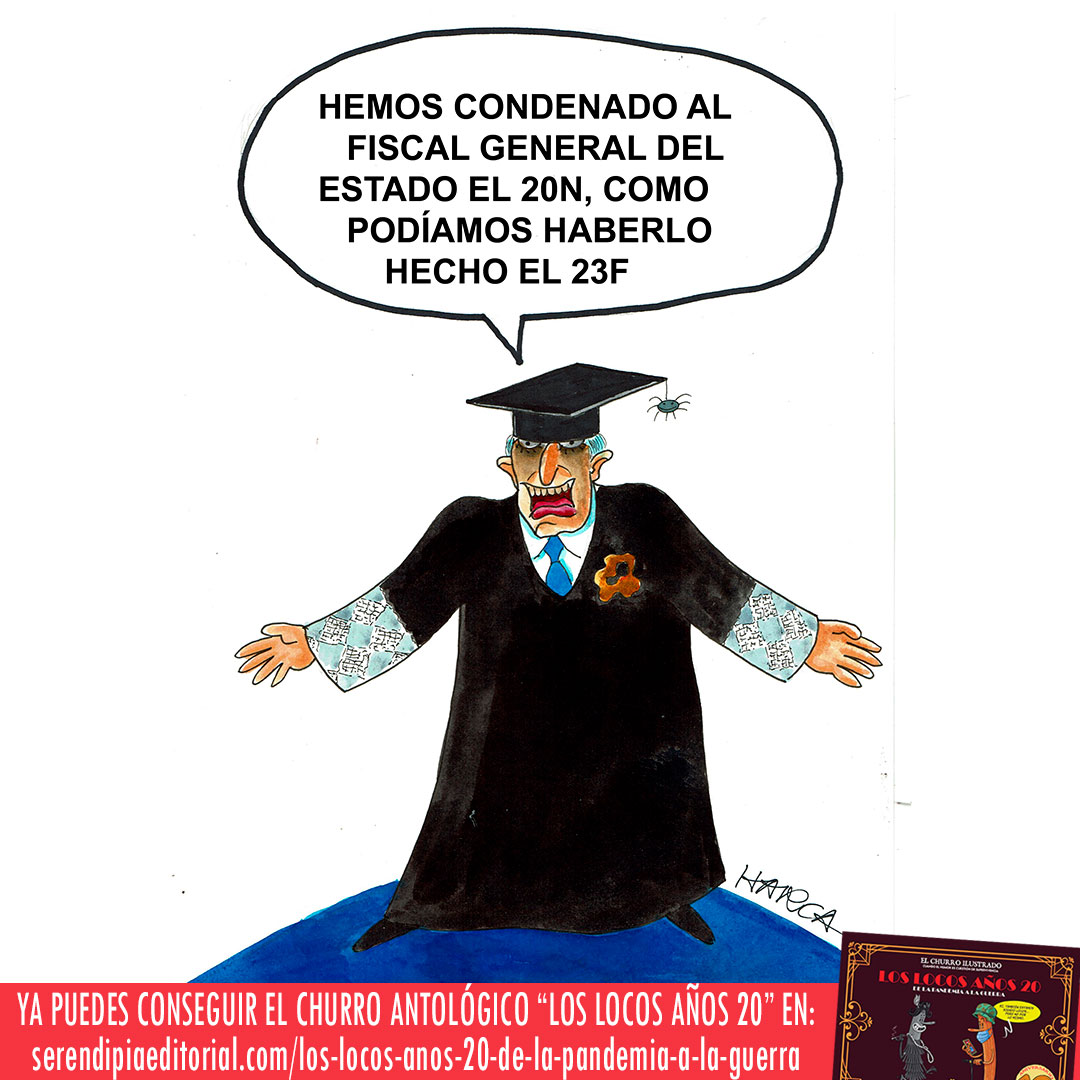 La condena al Fiscal General 👉 @HARCA 👈 lo ve así en su #viñeta de hoy.

elchurroilustrado.wordpress.com/2025/11/25/har…