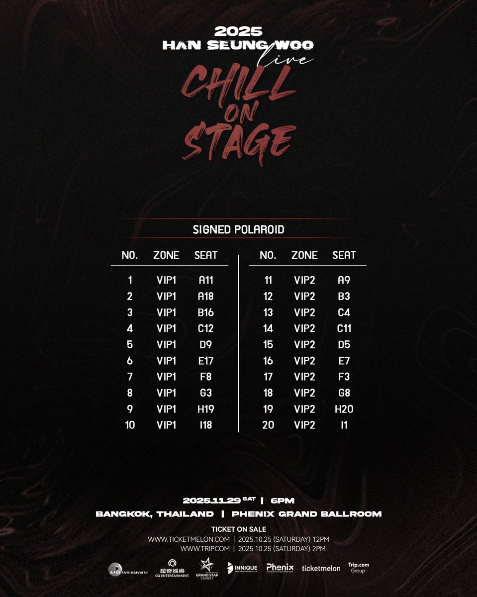 GrandStarCon's tweet photo. ประกาศผู้ได้สิทธิ์แฟนเบเนฟิต งาน 2025 HAN SEUNG WOO LIVE : CHILL ON STAGE in BANGKOK 

เนื่องจากจำนวนสิทธิ์มากกว่าจำนวนผู้ซื้อบัตร ผู้ซื้อบัตรโซน A, B และ C ทุกท่านสามารถรับ Mini book ได้ที่จุดลงทะเบียนรับสิทธิ์

สำหรับใครยังไม่มีบัตร อย่ารอช้า บัตรยังเปิดขายครบทุกโซนราคาบัตร : VIP : 6200 / A : 4800 / B : 3500 / C : 2500

รายละเอียดการแสดง
🗓 วันเสาร์ที่ 29 พฤศจิกายน 2568
🕕 เวลาเริ่มการแสดง : 18:00 น.
📍 Phenix Grand Ballroom 
🎫 เปิดจำหน่ายบัตร วันเสาร์ที่ 25 ตุลาคม 2568
💵 ราคาบัตร : 6200 / 4800 / 3500 / 2500
🎟 ช่องทางการจำหน่ายบัตร 
Ticketmelon : 🔗https://t.co/ohKLpdNRjZ
https://t.co/kO9LOkHt4y :
🔗https://t.co/4IszY688zm

...........................................................

Announcement of Fan Benefit
2025 HAN SEUNG WOO LIVE : CHILL ON STAGE in BANGKOK

As the number of benefits exceeds the number of ticket holders, all ticket holders in Zones A, B, and C may receive a Mini Book at the fan benefit registration counter.

If you don’t have a ticket yet, don’t wait! Tickets are still available in all zones.🎟 Ticket Prices:VIP ฿6200 / A ฿4800 / B ฿3500 / C ฿2500

Show Details
🗓 Date: November 29, 2025 (Sat)
🕕 Show Time: 6PM
📍 Venue: Phenix Grand Ballroom

🎫 Ticket open date: October 25, 2025 (Sat)
💵 Ticket prices : ฿6200 / ฿4800 / ฿3500 / ฿2500
🎟 Ticketing Channels :
 https://t.co/FrXvV9KFAG :
🔗https://t.co/ohKLpdNRjZ
https://t.co/kO9LOkHt4y : 🔗https://t.co/4IszY688zm

#한승우 #ฮันซึงอู
#HANSEUNGWOO 
#CHILL_ON_STAGE
#CHILL_ON_STAGEinBKK
#2025HANSEUNGWOOinBKK
#29พฤศจิกาไปชิลล์คอนฮันซึงอู
#CQENTERTAINMENT #INNIQUE
#GrandStarConnext