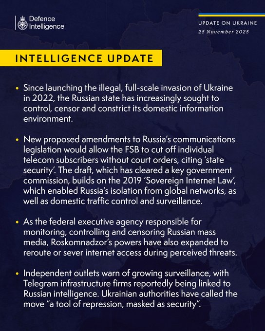 Since launching the illegal, full-scale invasion of Ukraine in 2022, the Russian state has increasingly sought to control, censor and constrict its domestic information environment.  New proposed amendments to Russia’s communications legislation would allow the FSB to cut off individual telecom subscribers without court orders, citing ‘state security’. The draft, which has cleared a key government commission, builds on the 2019 ‘Sovereign Internet Law’, which enabled Russia’s isolation from global networks, as well as domestic traffic control and surveillance.  As the federal executive agency responsible for monitoring, controlling and censoring Russian mass media, Roskomnadzor’s powers have also expanded to reroute or sever internet access during perceived threats.  Independent outlets warn of growing surveillance, with Telegram infrastructure firms reportedly being linked to Russian intelligence. Ukrainian authorities have called the move “a tool of repression, masked as security”.