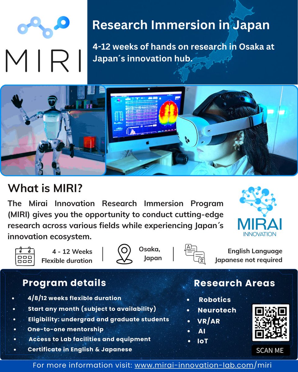 Join MIRI, a 4–12 week research immersion program in Osaka 🇯🇵
Work on Robotics, Neurotech, VR/AR, AI &amp; IoT — no Japanese required.
Flexible start dates + lab access + mentorship 🔬✨

More info 👉 mirai-innovation-lab.com/miri
#Research #Japan #Internship #Innovation #VR #AI #Robotics
