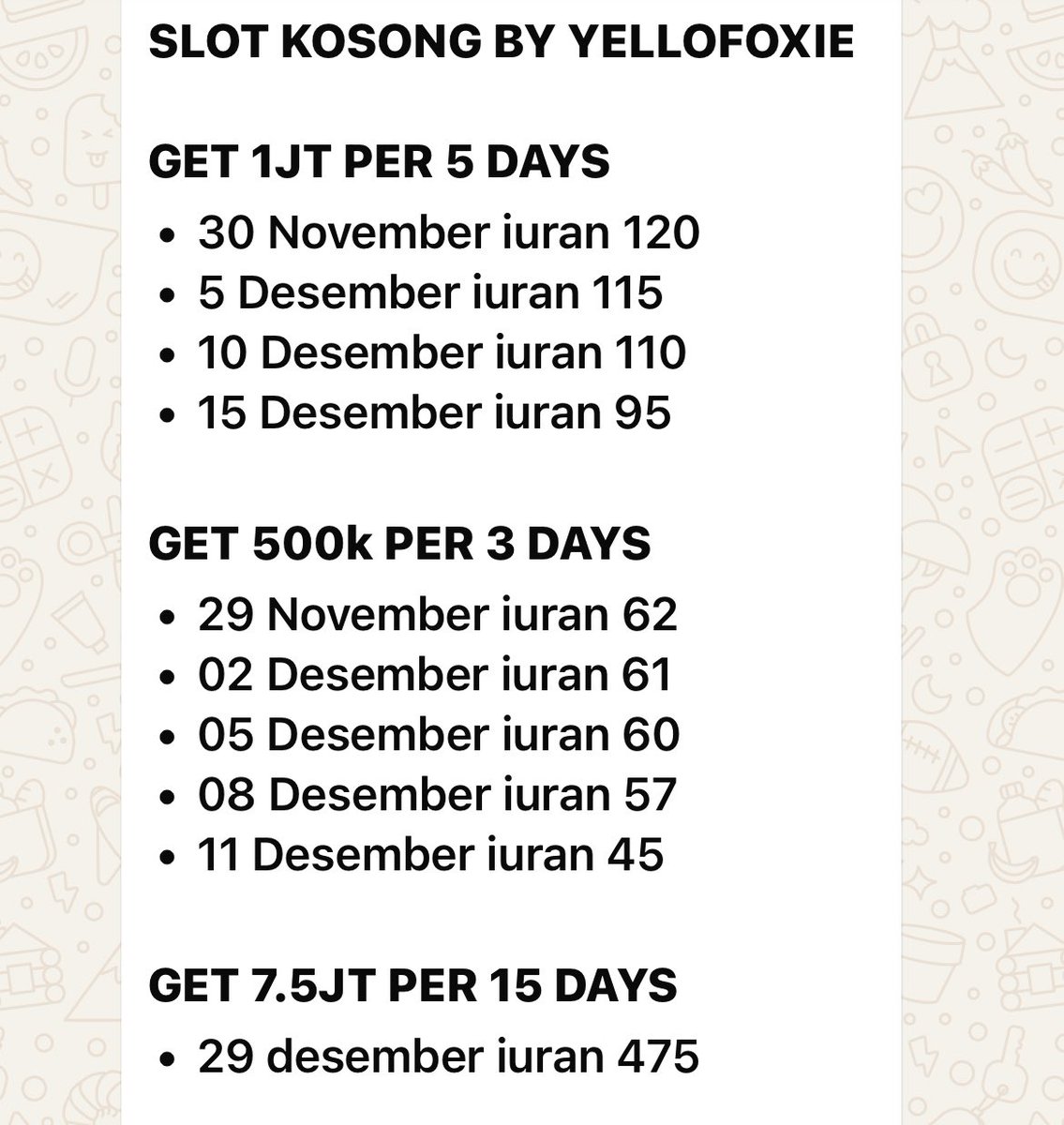 Halo, yang cari arisan get nov-desember yellofoxie avail yaa. Yu bisa langsung join grup utama
chat.whatsapp.com/JBqfYSthq89EvN… #zonauangㅤ