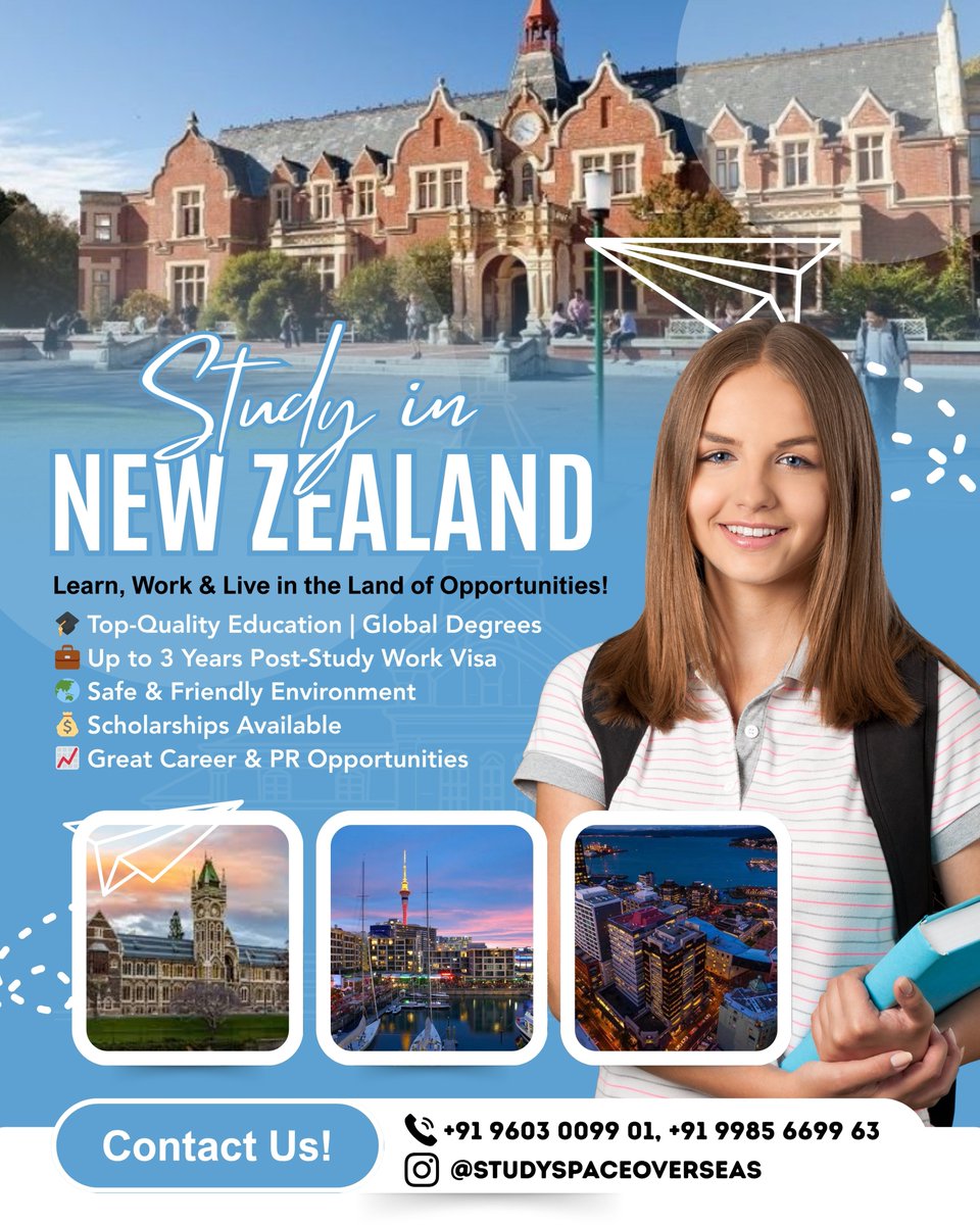 Studyspaceos's tweet image. Study in New Zealand 🇳🇿✨
Top-quality education, up to 3 years post-study work visa, scholarships &amp;amp; a safe, friendly environment.
Start your global career with Study Space!
📞 +91 9603 0099 01
#StudyInNZ #StudyAbroad #nz