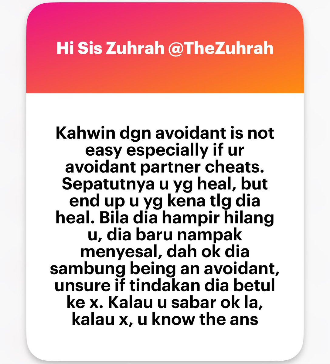 zuhrahx's tweet photo. Cheating Avoidant Partner
No. No. No.
That’s not #How2R
& ini bukan masalah Avoidant. Ini masalah your wayward tak reti nak manage dia punya emosi & make the cheating ALL ABOUT THEM.
“Oh I’m a cheater. I’m a bad person. I feel so bad. I’m sorry. I need help” A fking cry baby https://t.co/RM63MGowOO