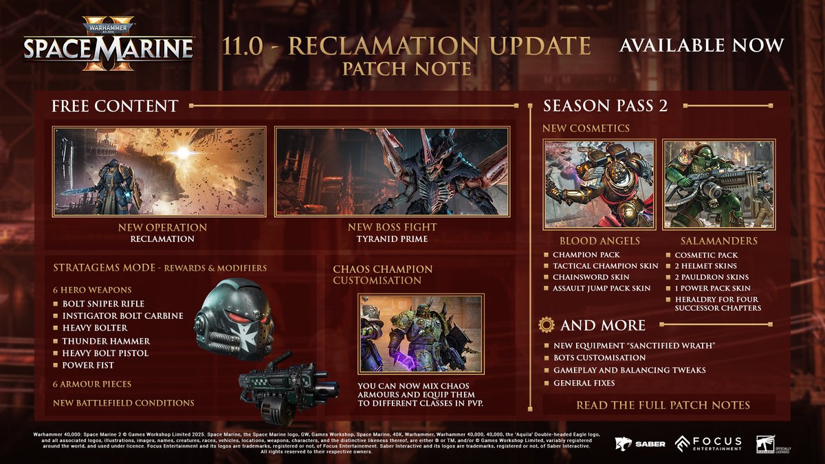 #SpaceMarine2's Reclamation Update is live. 🔥
 
A new Operation with a unique boss fight, new Stratagems, new Cosmetic DLCs and more await! ⚔️
 
Check the gameplay balancings and improvements in the patch notes: shorturl.at/LAex9