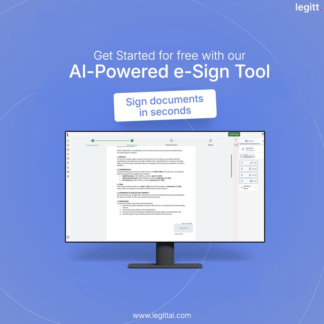 Legitthq's tweet image. Sign documents in seconds with our AI-Powered e-Sign Tool.

Fast, secure, and built for modern workflows. 

Try it now: legittai.com/electronic-sig…