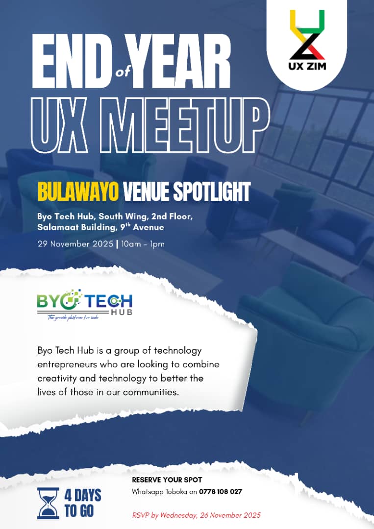 Bulawayo Venue Spotlight
Bulawayo fam! Can you believe it? As of today, we are just 4 days away from the the End of Year Bulawayo Meetup!

🗓️ Date: Saturday, 29 November 2025
⏰ Time: 10 AM – 1 PM
📍 Venue: Byo Tech Hub South Wing, 2nd Floor, Salamaat Building