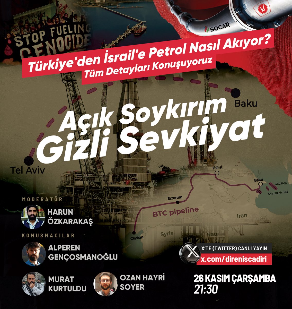 🔴 Açık Soykırım - Gizli Sevkiyat
Türkiye'den İsrail'e Petrol Nasıl Akıyor?

Türkiye’den İsrail’e petrol sevkiyatlarının perde arkasını mercek altına alıyoruz. İlgili raporlar ve gemi trafiği üzerinden sevkiyatın hâlâ devam ettiğini ortaya koyuyoruz.

Space: