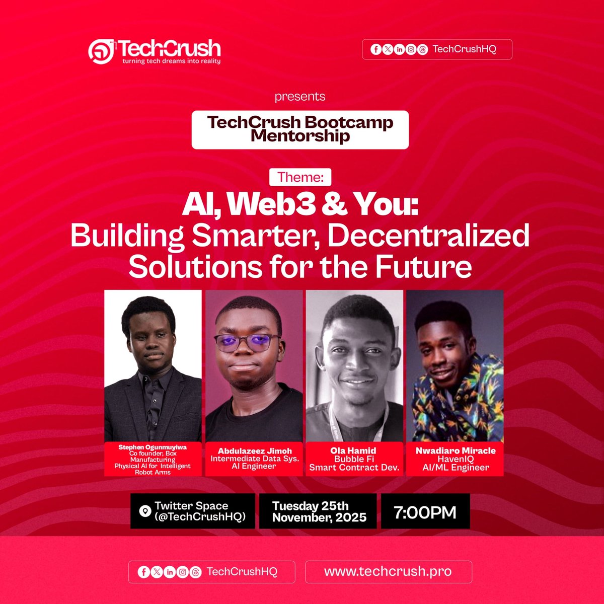 TechCrushHQ's tweet image. From ideas to real-world innovation.

AI &amp;amp; Web3 are changing the game.
And we’re bringing the minds behind the movement to you 

Be there. Learn. Be inspired. Build the future.

Join us tonight at 7pm on x space


#techcrush