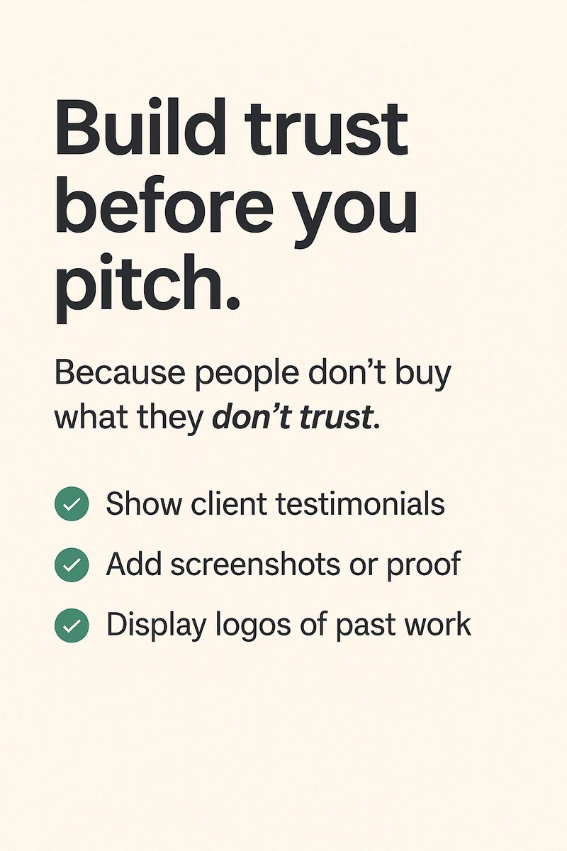 OlaoluwaAd78476's tweet photo. #20 – (Educational Funnel Post)
Build trust before you pitch.
Because people don’t buy what they don’t trust.
✅ Show client testimonials
✅ Add screenshots or proof
✅ Display logos of past work
Trust converts faster than features.
#Funnels #SocialProof #FunnelTips https://t.co/m8LnCWTu21