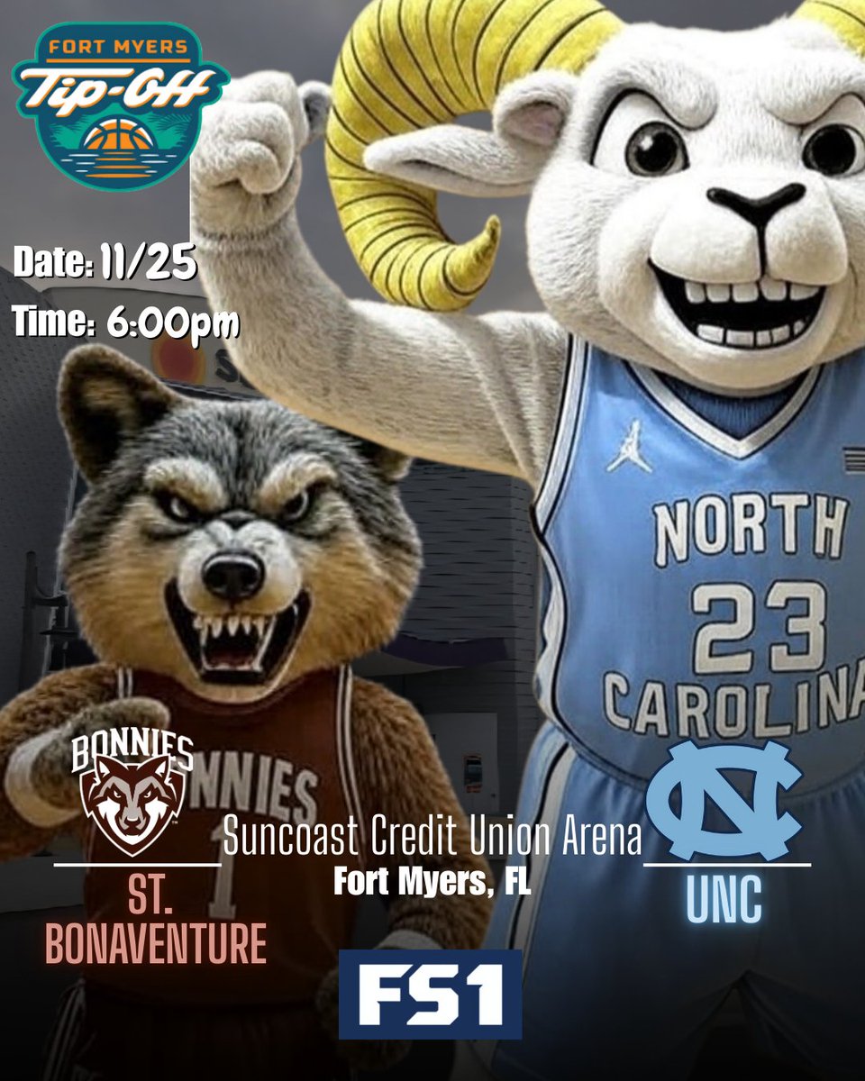 It's Gameday
🏀 Game: St.Bonaventure @ #16 UNC
⏰️ Time: 6:00pm
🗓 Date: 11/25/25
🏟 Arena: Suncoast Credit Union Arena
📍 Location: FortMyers, 
📺: Network: FS1