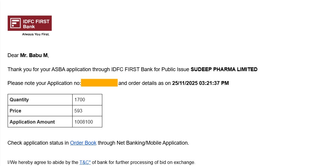 ChartWizMani's tweet image. Applied in Sudeep Pharma IPO - B-HNI. Purely for listing gains. All the best to everyone for allotment! 🤞

#SudeepPharmaIPO #IPOAlert #SudeepPharma