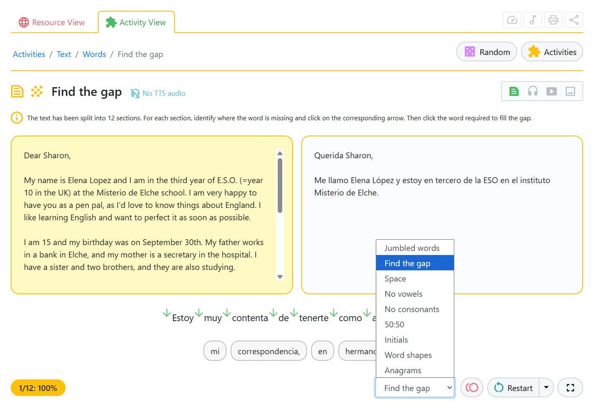 MartinLapworth's tweet image. ✨ I&apos;ve added &quot;Find the gap&quot; to the list of activities that can be switched mid-activity (so that you can choose different activities for each section of the text when working with a resource front-of-class)
👇👇👇
🌎🔗 TextActivities.com 

#mfltwitterati #langchat #mflchat