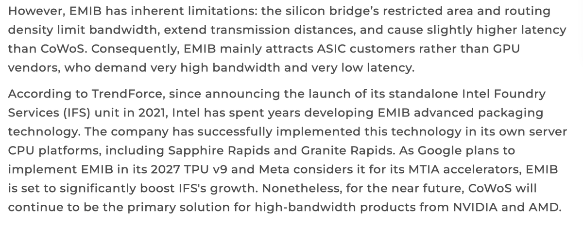 TrendForce reports that Google has decided to use Intel’s EMIB packaging for TPU v9, and Meta is also considering adopting EMIB packaging for its own ASICs.

$INTC $TSM