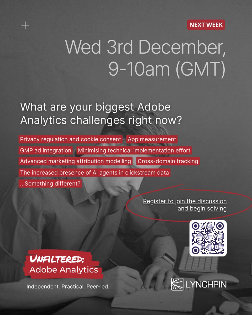 Lynchpin's tweet image. 🗓️ Join our next virtual #AdobeAnalytics user group event: Wed 3rd December, 9-10am (GMT). 

Add it to your calendar in just a couple of clicks 👉 luma.com/Lynchpin 

Let&apos;s kick off the conversations that help solve your Adobe Analytics challenges.