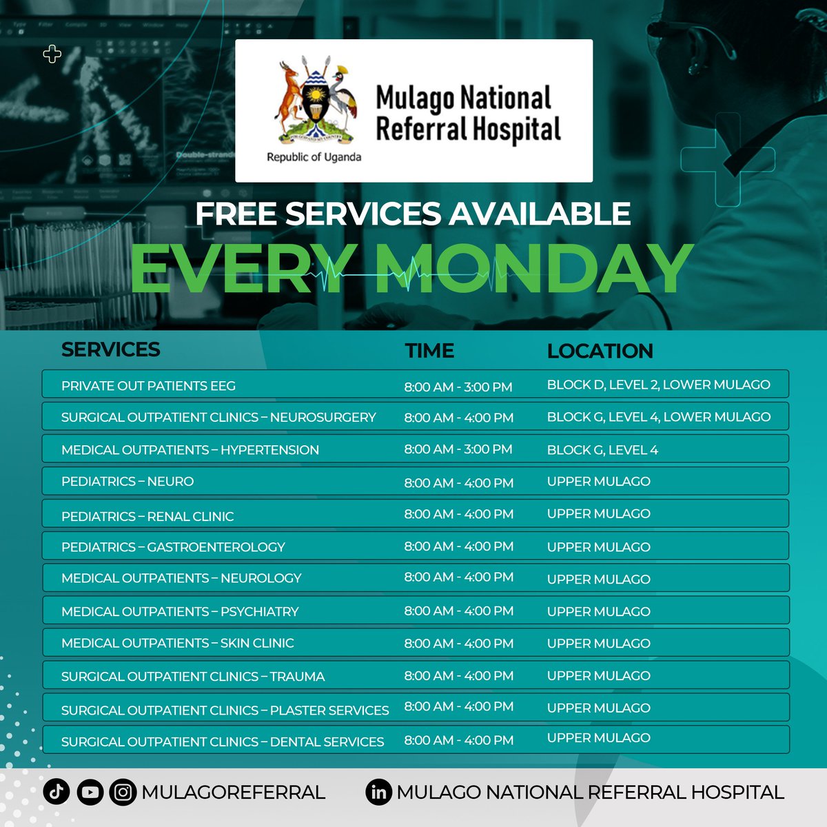 MulagoReferral's tweet photo. Clinic Days @MulagoReferral 
This indicates the services, time, and location from Monday to Friday.

It is important to note that all Radiology, Endoscopy, &amp; and Private patients services are paid for @MulagoReferral https://t.co/1aS3u1wCHF
