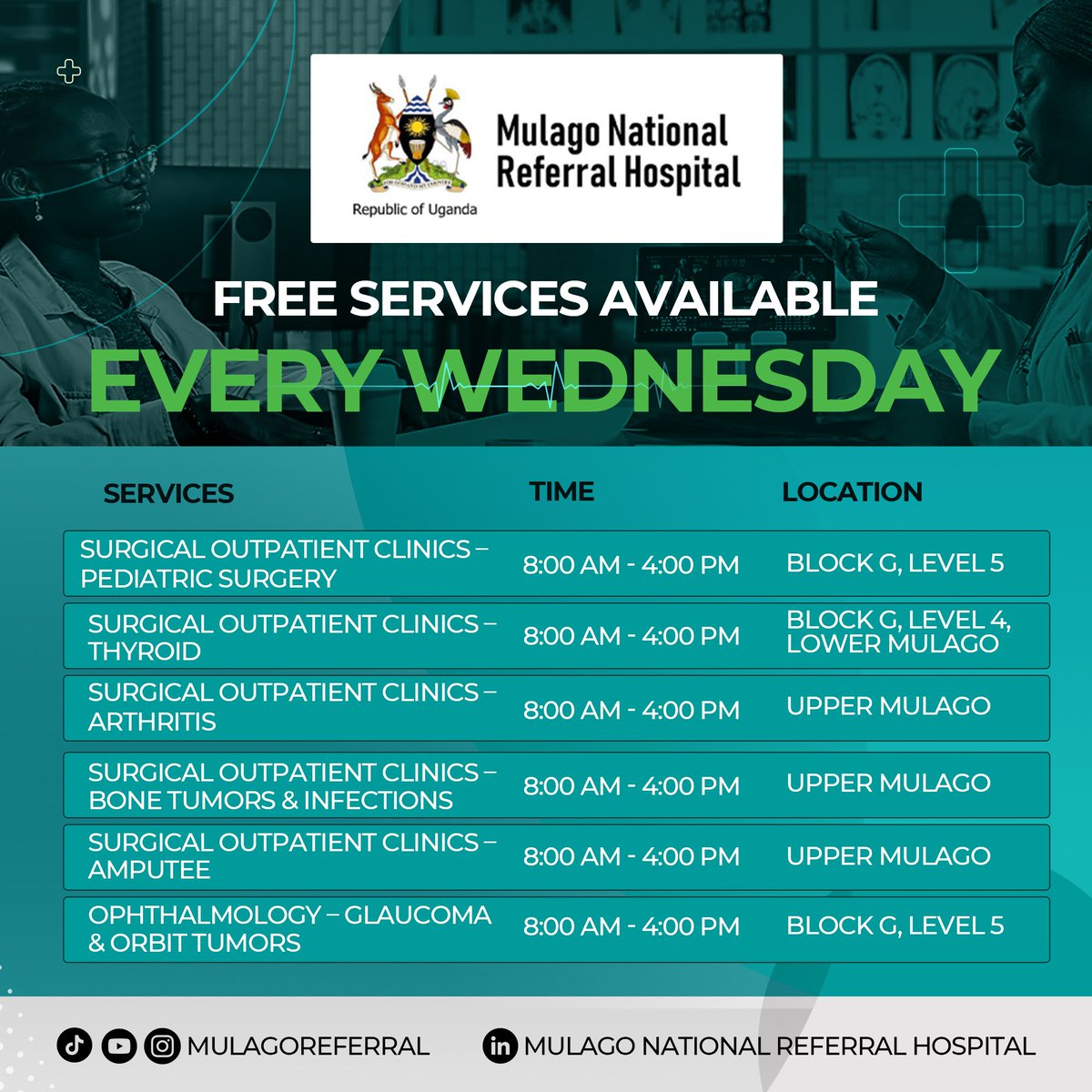 MulagoReferral's tweet photo. Clinic Days @MulagoReferral 
This indicates the services, time, and location from Monday to Friday.

It is important to note that all Radiology, Endoscopy, &amp; and Private patients services are paid for @MulagoReferral https://t.co/1aS3u1wCHF