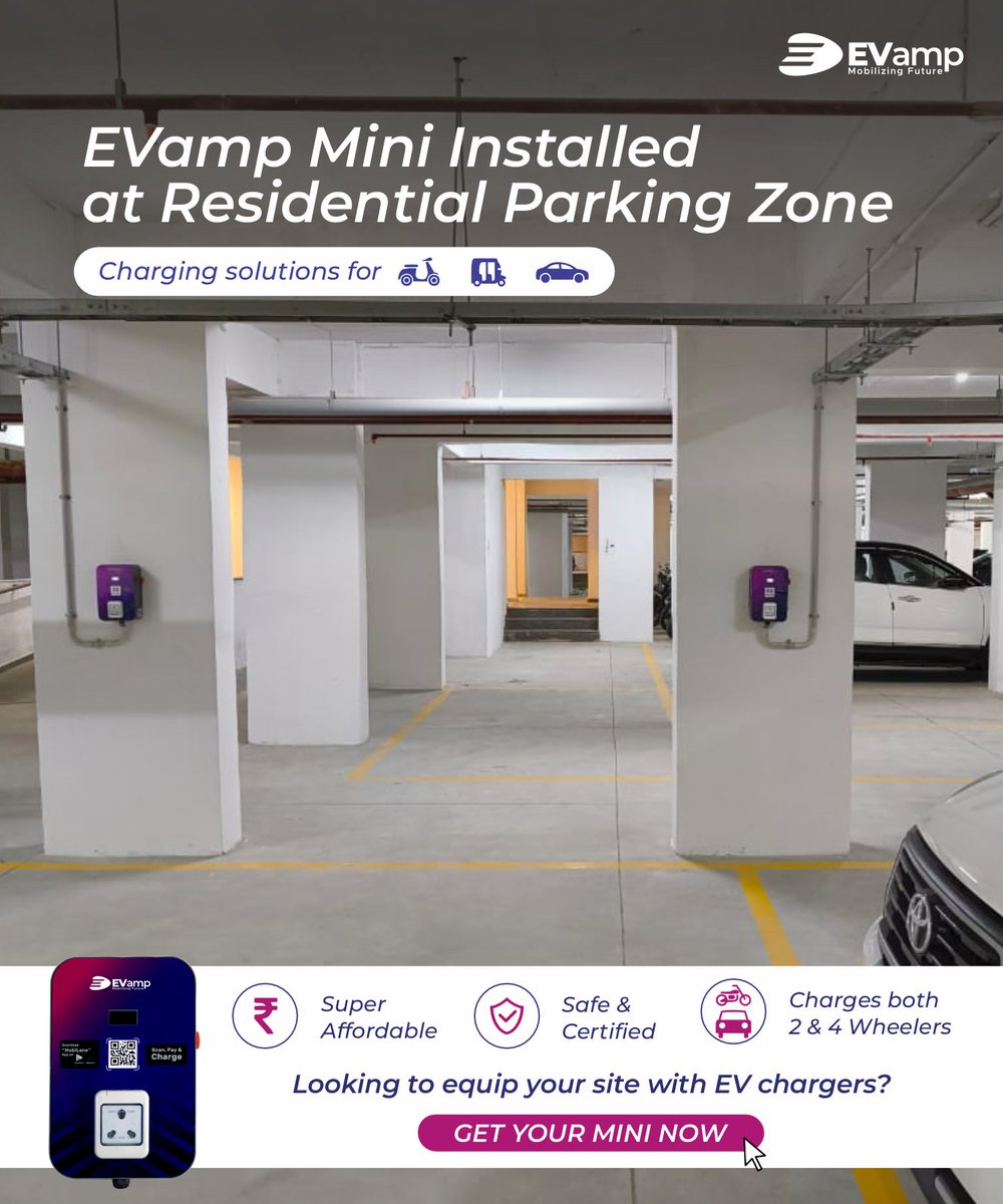 EVamp Mini makes home charging simple, safe &amp; affordable. Perfect for societies, apartments &amp; gated communities charging both 2 &amp; 4 wheelers with ease.
Upgrade your site today.
#EVamp #EVCharging #ElectricVehicles