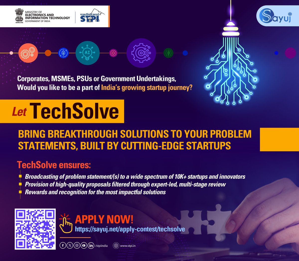 stpiindia's tweet image. 🌟 STPI presents TechSolve — your gateway to breakthrough innovations!

📢 Attention Corporates, MSMEs, PSUs &amp;amp; Government Undertakings

Would you like to be a part of India’s fast-growing startup journey?

Let TechSolve bring you breakthrough solutions to your problem statements,…
