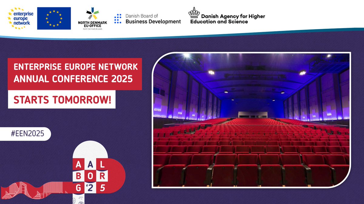 EEN_EU's tweet image. Tomorrow it begins! ⏳

#EEN2025 kicks off at the Aalborg Kongres &amp;amp; Kultur Center 🇩🇰,  bringing together 800 participants for two and a half days of ideas and collaboration.

Catch the livestream 🎥 👉 link.europa.eu/GyCdvK

#EENCanHelp
