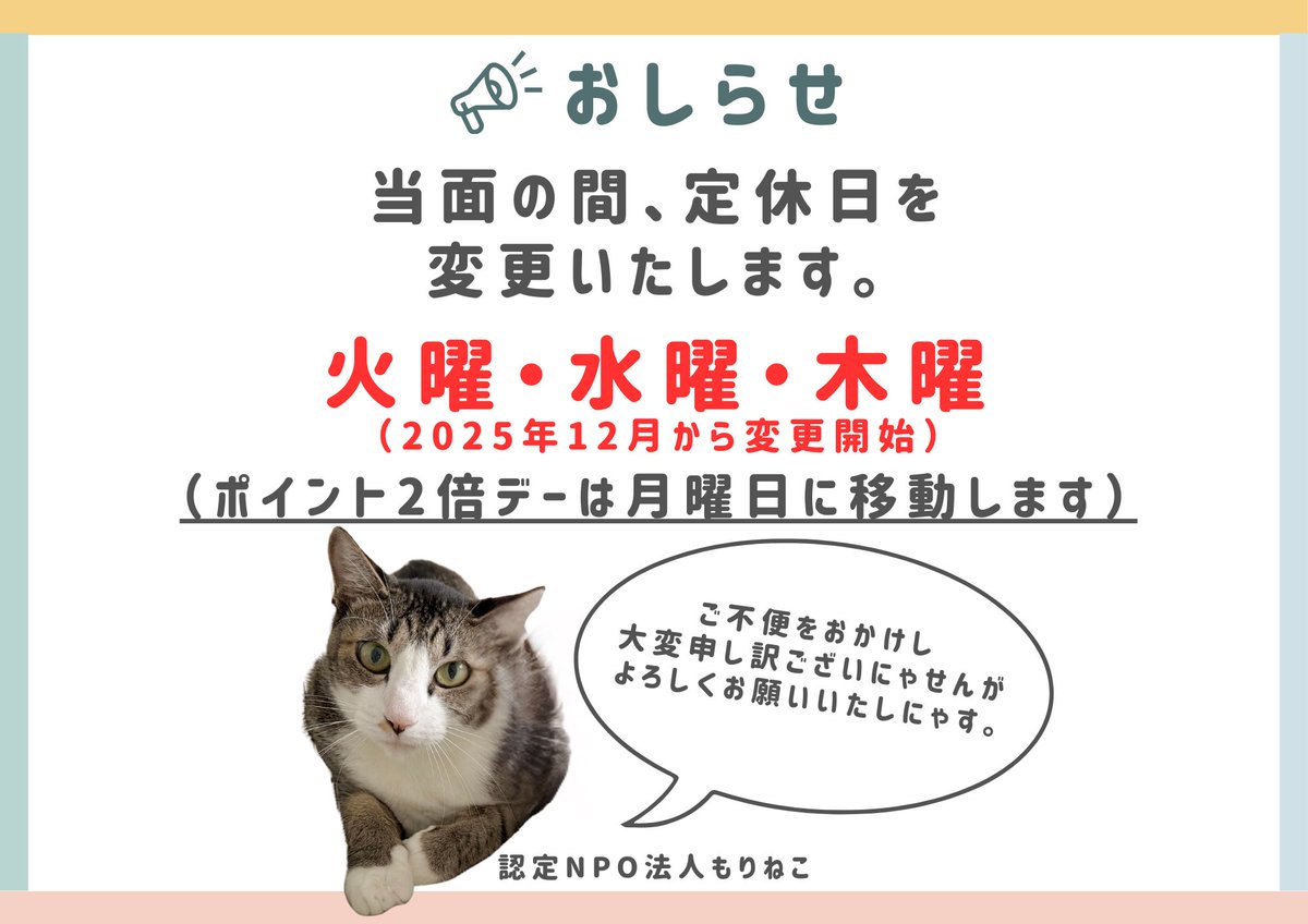 猫B 値下げしました！ 臨時休業・営業日変更のお知らせ】 12/1~12/5 モバイルスペイのため