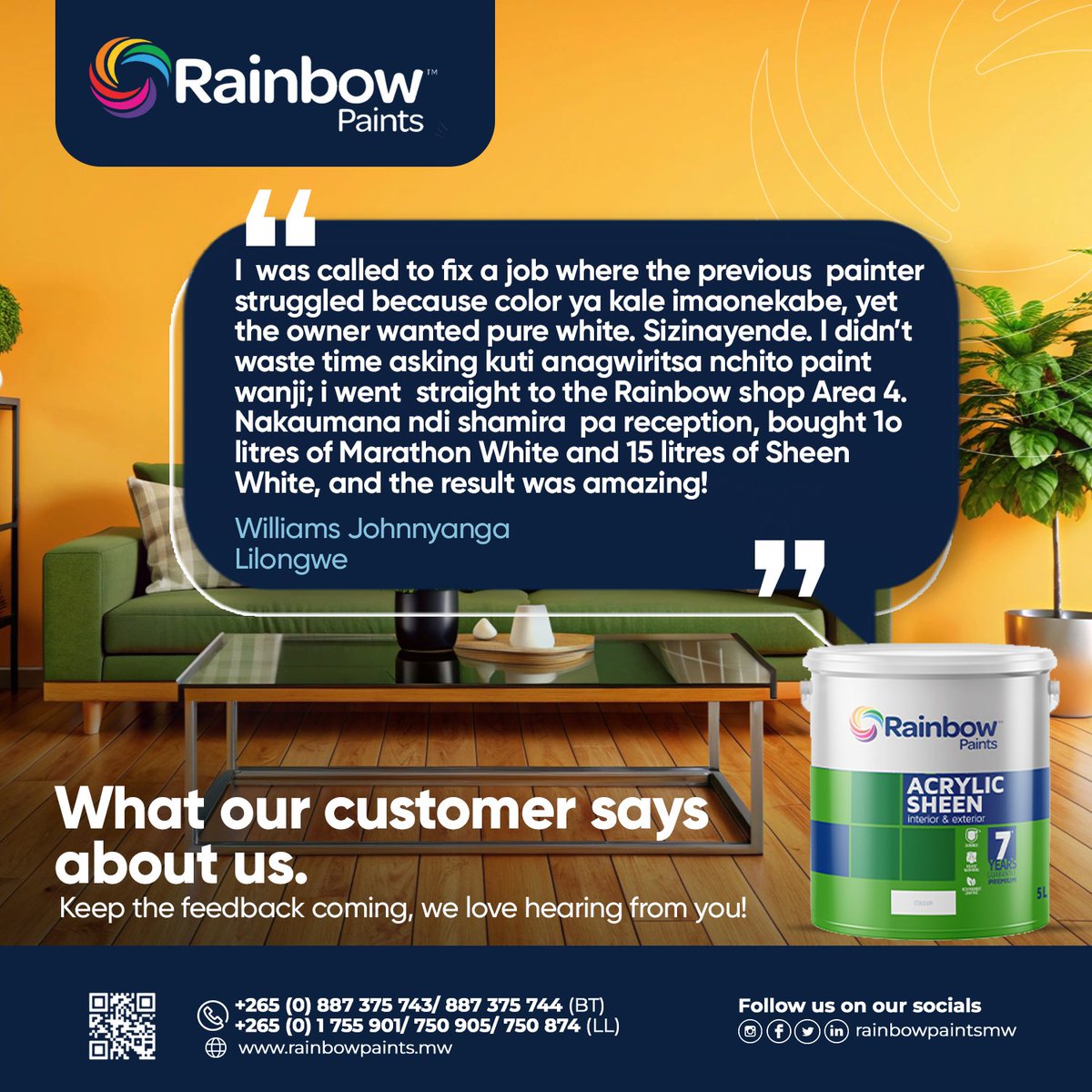 rainbowpaintsmw's tweet image. Your stories remind us why quality, durability, and beautiful finishes matter.
Keep the feedback coming — we love hearing from you! 💛

Visit our store today and experience the Rainbow difference.

#RainbowPaintsMW #CustomerLove #TrustedForYears #QualityYouCanSee #PaintExperience