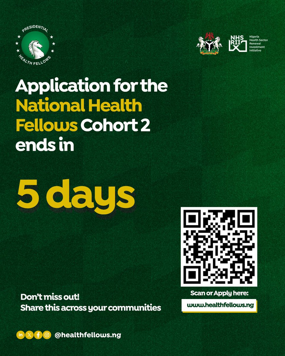 5 days to go!
NHF Cohort 2 applications close Nov. 30, 2025.

Know someone who should be part of this programme?
Share this and encourage them to apply before the deadline.

#NationalHealthFellows #BecomingAHealthFellow #PrimaryHealthCare

<a href="/Fmohnigeria/">Federal Ministry of Health, NIGERIA</a>