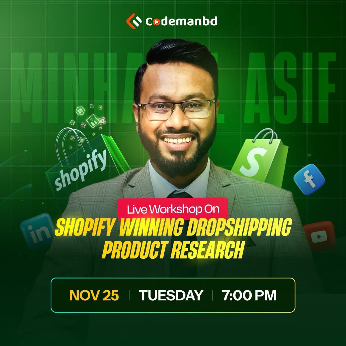 codemanbd's tweet image. আজ সন্ধ্যা ৭ টায় &quot;শপিফাই উইনিং ড্রপশিপিং প্রোডাক্ট রিসার্চ&quot; নিয়ে লাইভ ওয়ার্কশপ-এ আমি থাকছি ইনশাআল্লাহ। যারা শপিফাই নিয়ে কাজ করতে চান তাদের জন্য দুর্দান্ত একটি ডিসকাশন থাকবে আজ।  
---
চোখ রাখুন Codemanbd - কোডম্যানবিডি ফেসবুক পেজ এ
