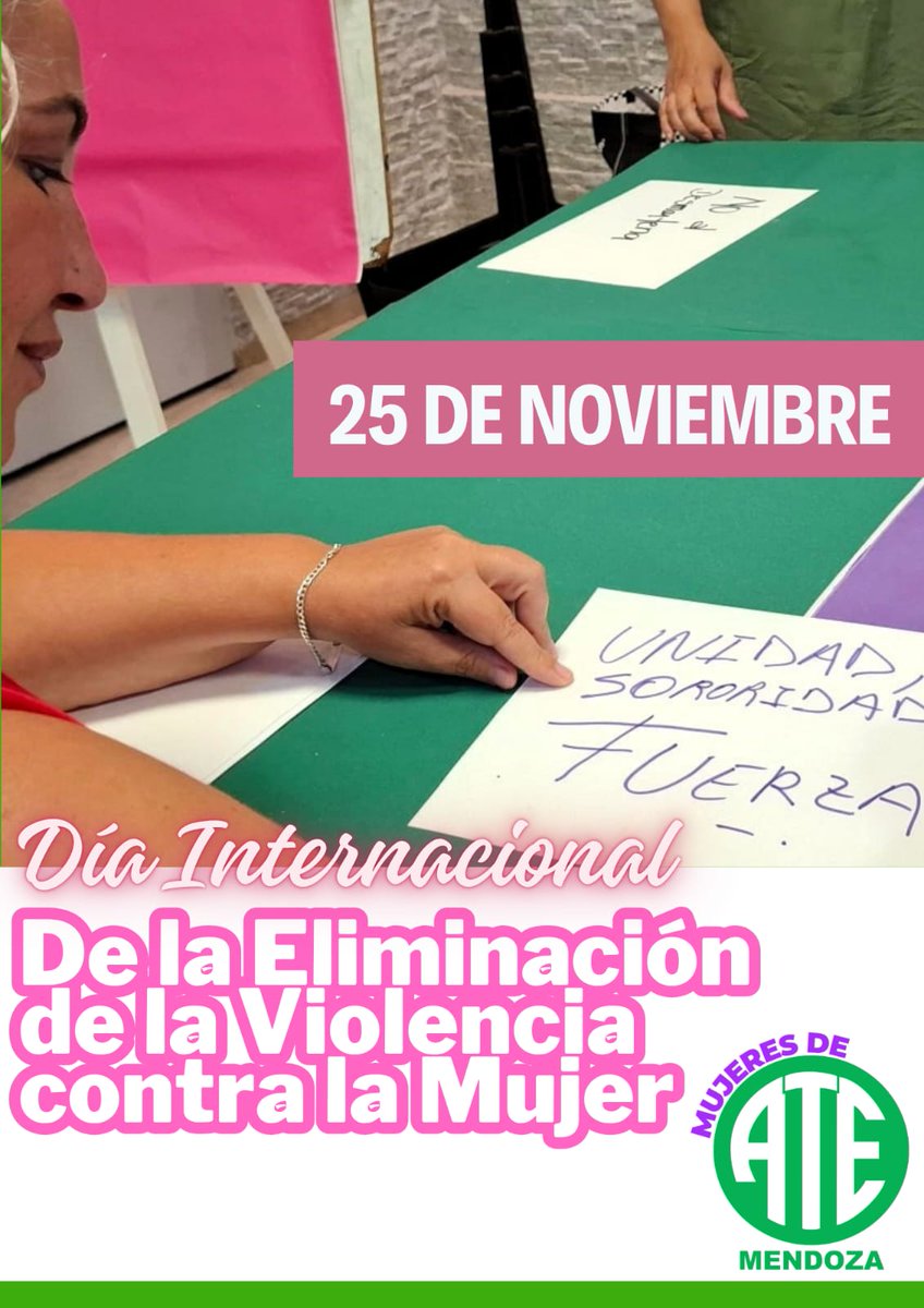 25N Eliminación de la Violencia contra la Mujer. En Mujeres de ATE Mendoza sostenemos una lucha diaria y colectiva contra todas las formas de violencia de género
Exigimos políticas públicas reales y un Estado presente para garantizar derechos e igualdad. #25N #Mendoza #NiUnaMenos
