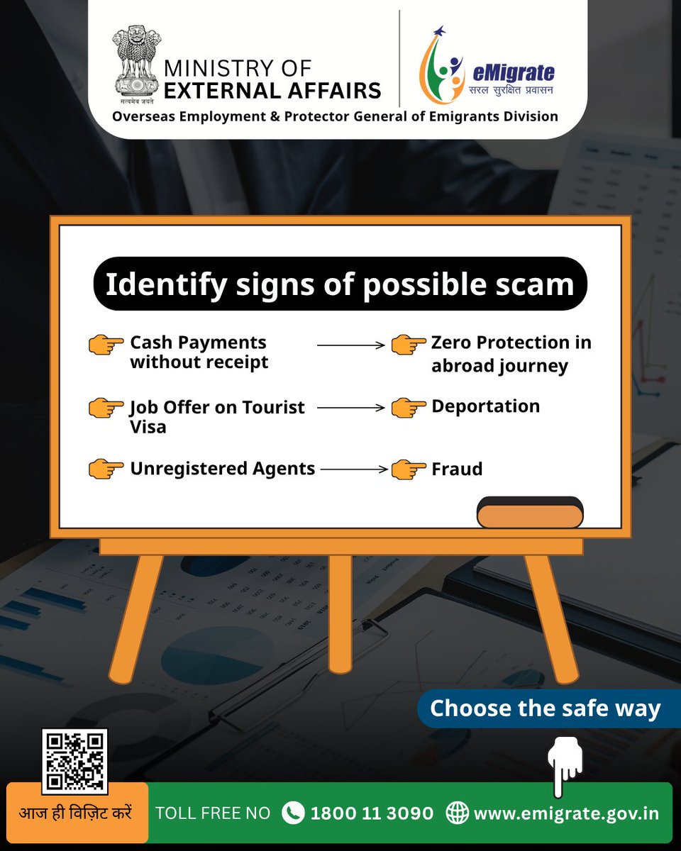 ProtectorGenGOI's tweet photo. Identify Signs
Spot the red flags:
❓ Are you paying cash with no receipt?
❓ Is the job on a tourist visa?
❓ Is the agent unregistered?
If yes — it’s likely a scam.
👉 Check safe options on https://t.co/pBnOdAjfsA
#RegisteredAgent #VerifyBeforeYouFly #SafeMigration https://t.co/IrIlseZWZf