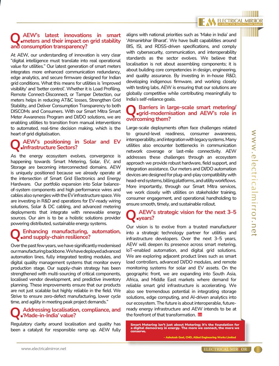 Electricalmirro's tweet image. #AEW is driving India’s smart energy revolution!

CMD Ashutosh Goel shares how AEW is advancing smart metering, solar &amp;amp; EV-ready infrastructure, and intelligent grid automation.

Read here: electricalmirror.net/mr-ashutosh-go…
#SmartMetering #SmartGridIndia #EnergyTransition #ElectricalMirror