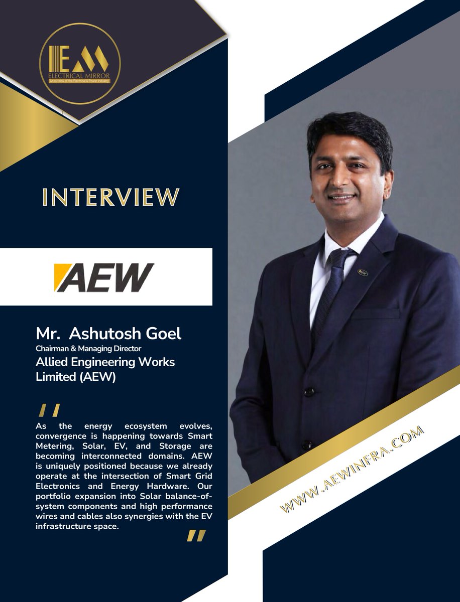 Electricalmirro's tweet image. #AEW is driving India’s smart energy revolution!

CMD Ashutosh Goel shares how AEW is advancing smart metering, solar &amp;amp; EV-ready infrastructure, and intelligent grid automation.

Read here: electricalmirror.net/mr-ashutosh-go…
#SmartMetering #SmartGridIndia #EnergyTransition #ElectricalMirror