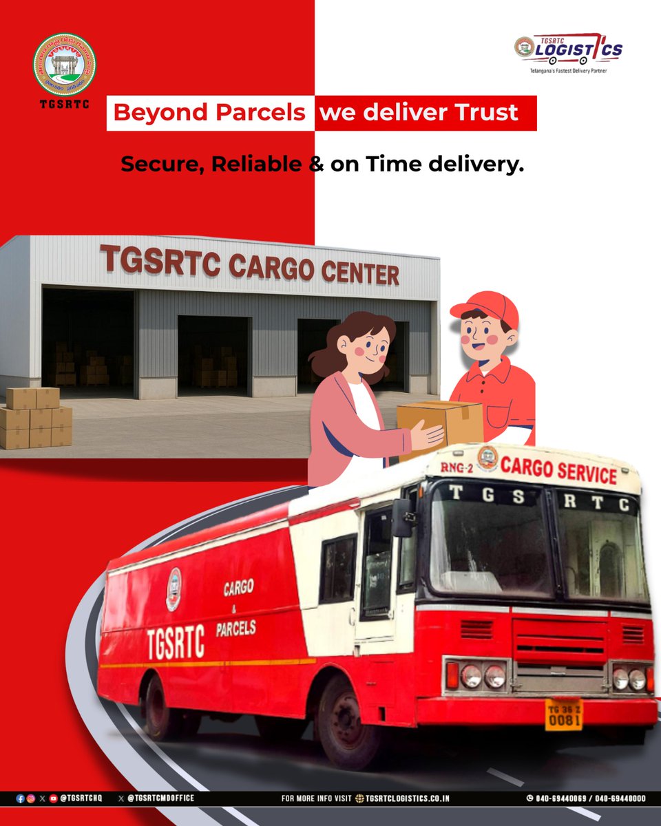 TGSRTCHQ's tweet image. 🚚📦 Looking for safe and reliable parcel delivery?
TGSRTC Logistics ensures secure handling, timely delivery, and trustworthy service across Telangana.

#TGSRTC  #CargoAndParcels #OnTimeDelivery #SafeAndSecure #TrustTGSRTC #TransportationServices #Telangana
