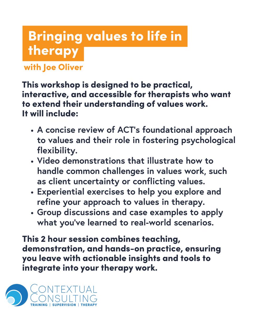 contextconsult's tweet image. Don&apos;t miss it! Led by our founder Dr Joe Oliver, this 2 hour session combines teaching, demonstration, and hands-on practice, ensuring you leave with actionable insights and tools to integrate into your therapy work. Sign up today to save your space! buff.ly/DBVWKmb