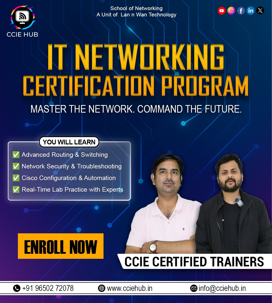 cciehub's tweet image. Kickstart your IT career with CCIE HUB’s Networking Certification Program! Learn routing, security, automation &amp;amp; real-time labs from CCIE certified trainers. Enroll now! 🚀
.
.
.
.
.
.
.
#CCIEHub #NetworkingCertification #ITNetworking #CCIETraining #NetworkSecurity #CiscoTraining