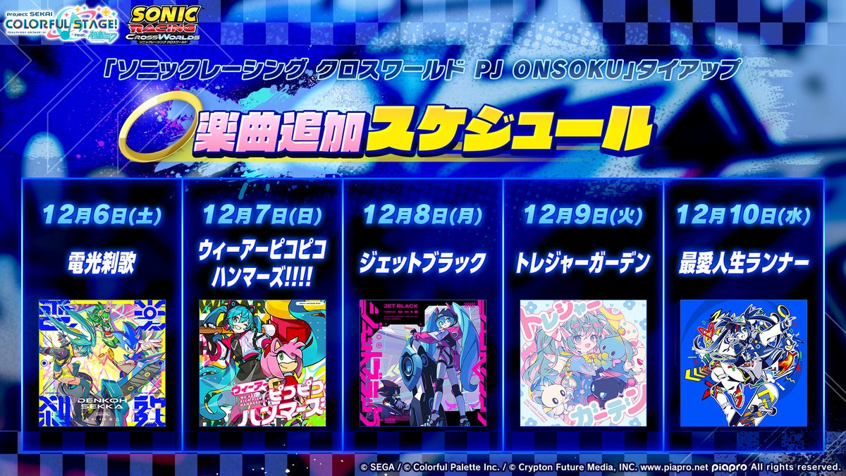 ソニックレーシング クロスワールド
Project ONSOKU
楽曲タイアップ🎶

タイアップ楽曲は、12月6日（土）より5日間連続で追加予定です💿

📺番組生配信中：youtube.com/live/BsyEN86cR…
#プロセカ放送局