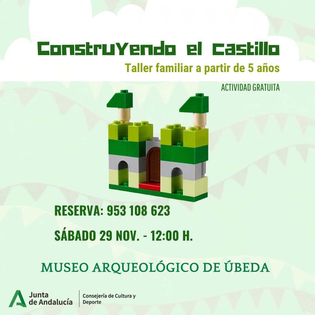 TALLER FAMILIAR: CONSTRUYENDO EL CASTILLO.

📆 Sábado 29 de noviembre &gt; 12:00 h.
☎️ Reserva: 953108623
👉 Taller didáctico en el que l@s participantes conocerán la arquitectura defensiva medieval y crearán su propio castillo con bloques de construcción.
🔹️#CulturaAND #MuseosAND