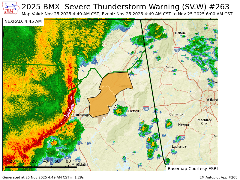 BMX issues Severe Thunderstorm Warning [damage threat: CONSIDERABLE, wind: 70 MPH (RADAR INDICATED), hail: <.75 IN (RADAR INDICATED)] for Etowah, St. Clair [AL] till Nov 25, 6:00 AM CST mesonet.agron.iastate.edu/vtec/f/2025-O-…