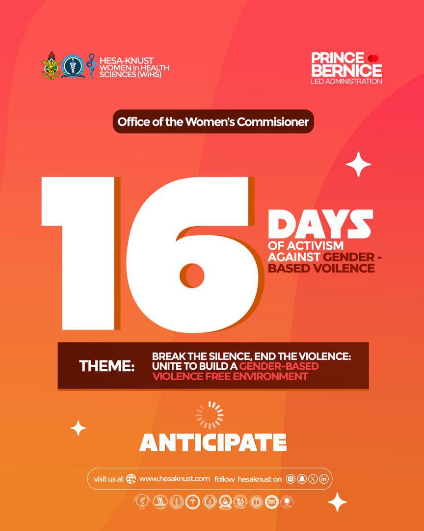 HesaWocom's tweet image. HESA-KNUST  Women in Health Sciences (WIHS)* invites the entire health community to join this year’s global campaign dedicated to ending all forms of gender-based violence.
For 16 days, we stand together to speak up, educate, advocate, and drive meaningful action toward GBV
